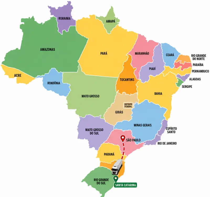 Mapa de cobertura Sul Entregas — atendimento em São Paulo, Paraná, Santa Catarina (base operacional em Balneário Camboriú) e Rio Grande do Sul